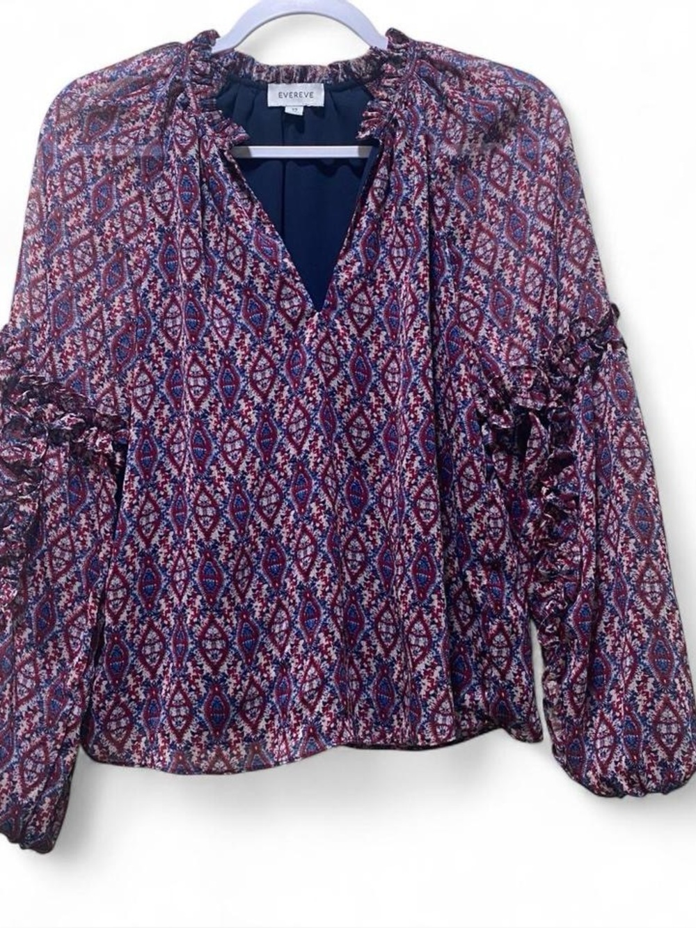 Evereve Printed Ruffle-Sleeve Blouse in Burgundy & Navy
